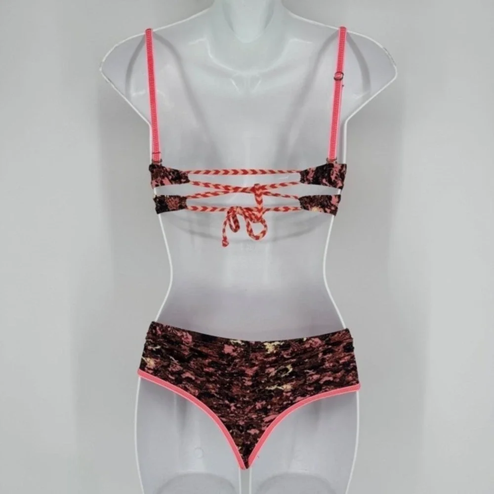 Maaji Bikini Set Size Small Pink Orange Geometric Print Swimsuit Tropical Beach